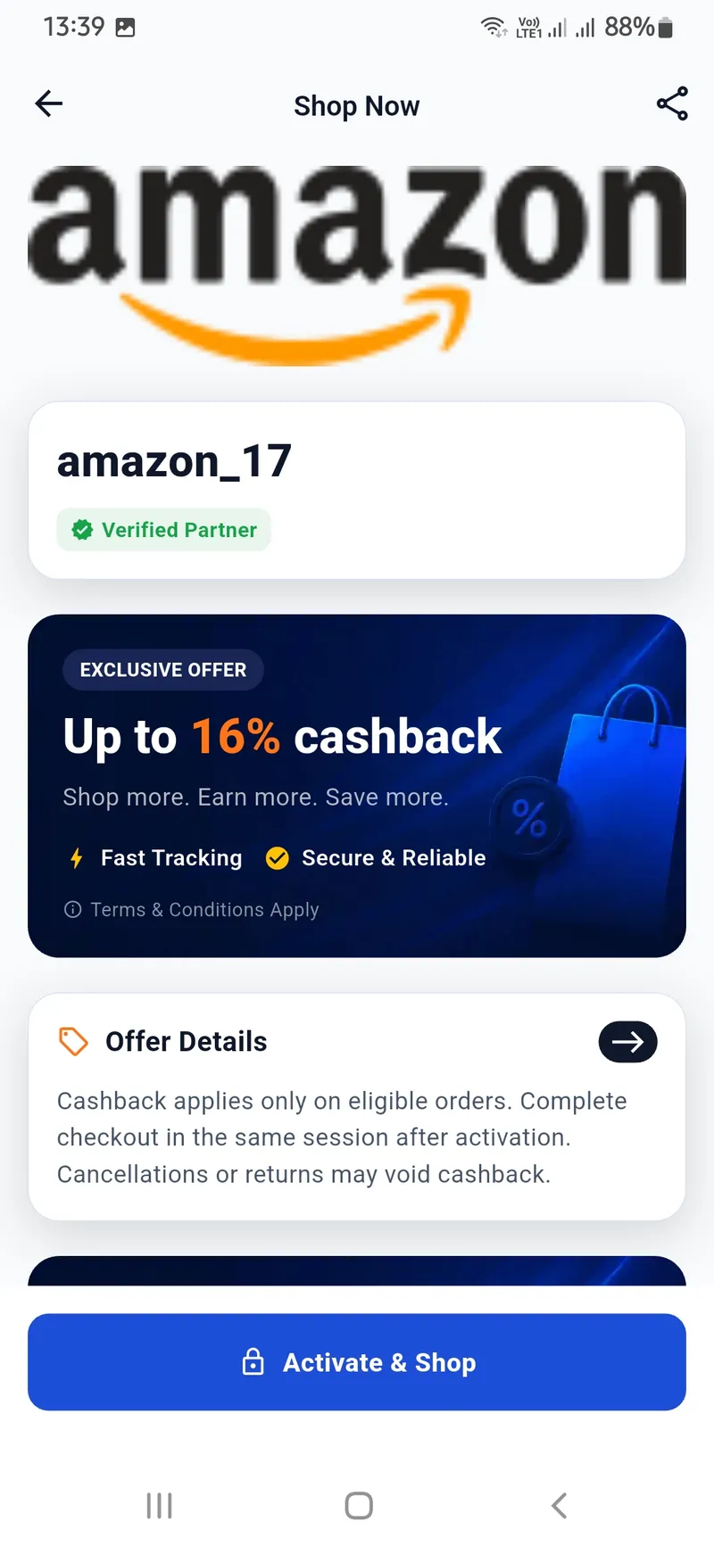 Kashandaz Cashback Activation page with partner stores