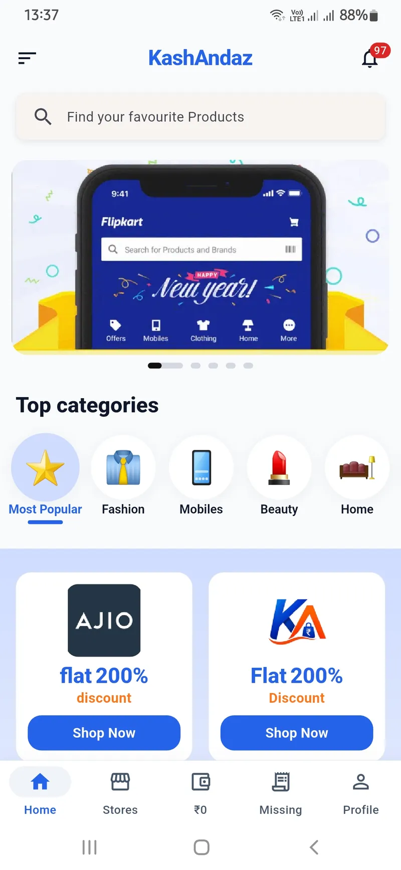 Kashandaz Home Screen showing cashback dashboard and metrics