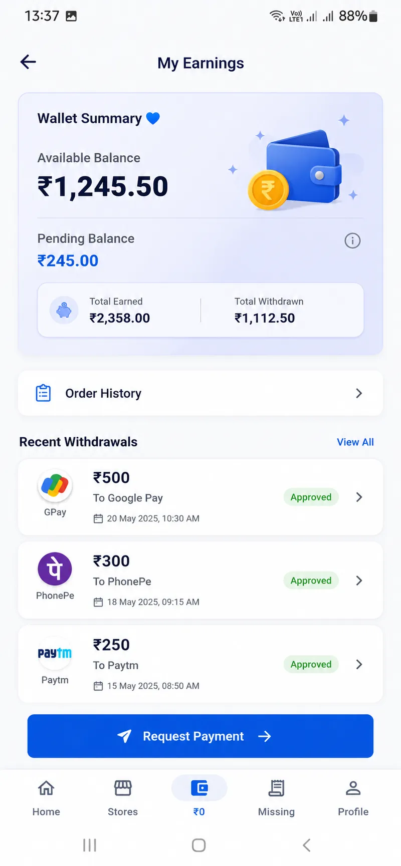 Kashandaz Wallet Screen showing balance and payment requests